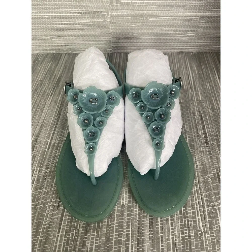 Coach Womens‎ Trmulti Jelly T-Strap Sandals Green Buckle Flat Heel 5 B New